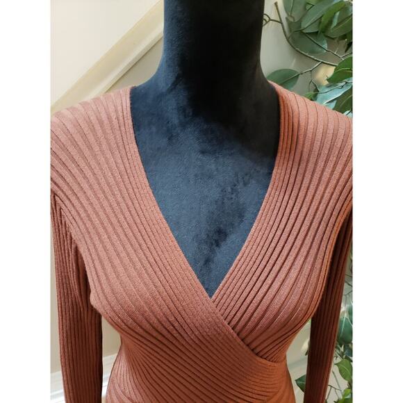 Forever 21 Fit & Flare Dress Women's Size OX Brown Rayon Ribbed Knit Long Sleeve - Picture 12 of 13